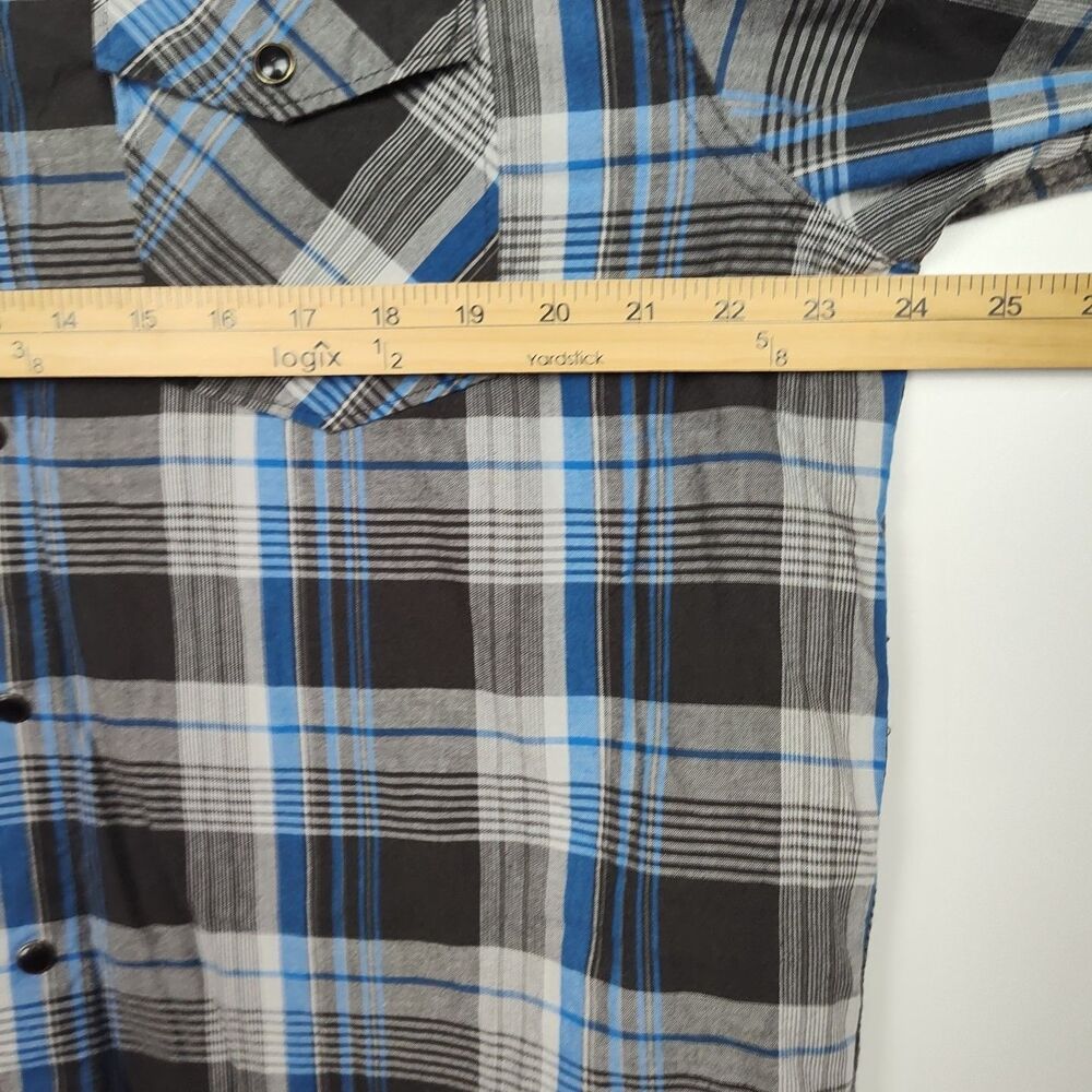 Wrangler Jeans Co. Pearl Snap-Up Shirt Men's L Blue/Brown Plaid Long Sleeves - Picture 4 of 8